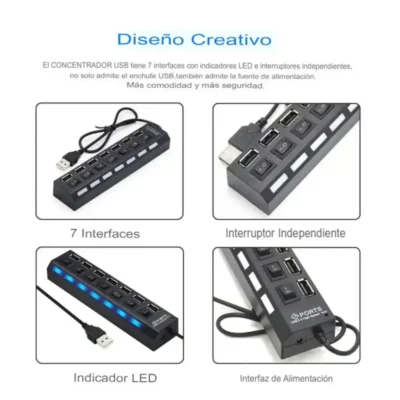 HUB USB 2.0 7 PUERTOS SWITCH LED PARA PC LAPTOP HUB.14 NEGRO (8)