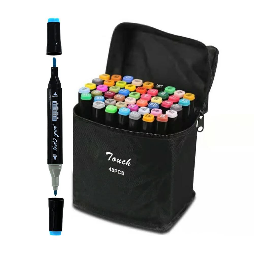 Estuche De 48 Plumones Colores Marcadores Doble Punta Pincel